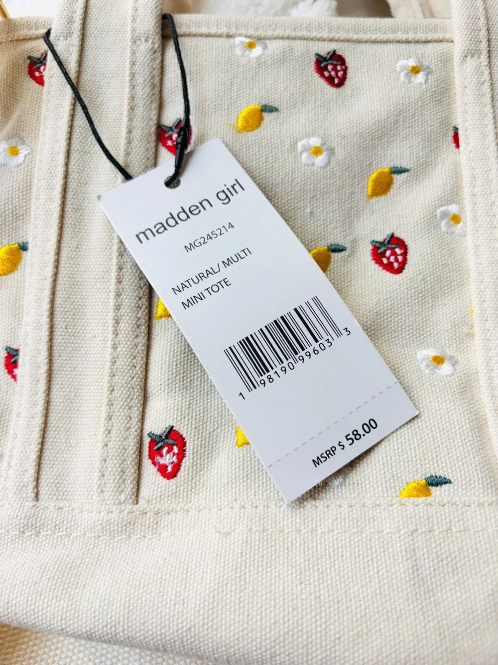NWT Madden Girl Embroidered Canvas Mini Tote with Bag Charms, Strawberry & Lemon
